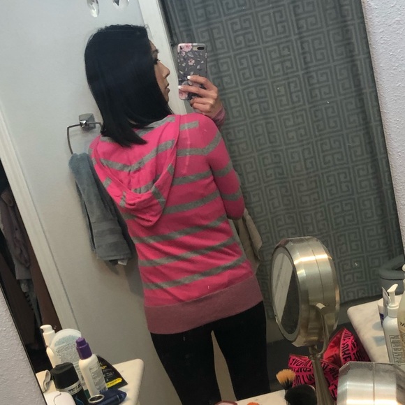 VS Pink Striped Hooded Button Down Cardigan - Picture 3 of 10